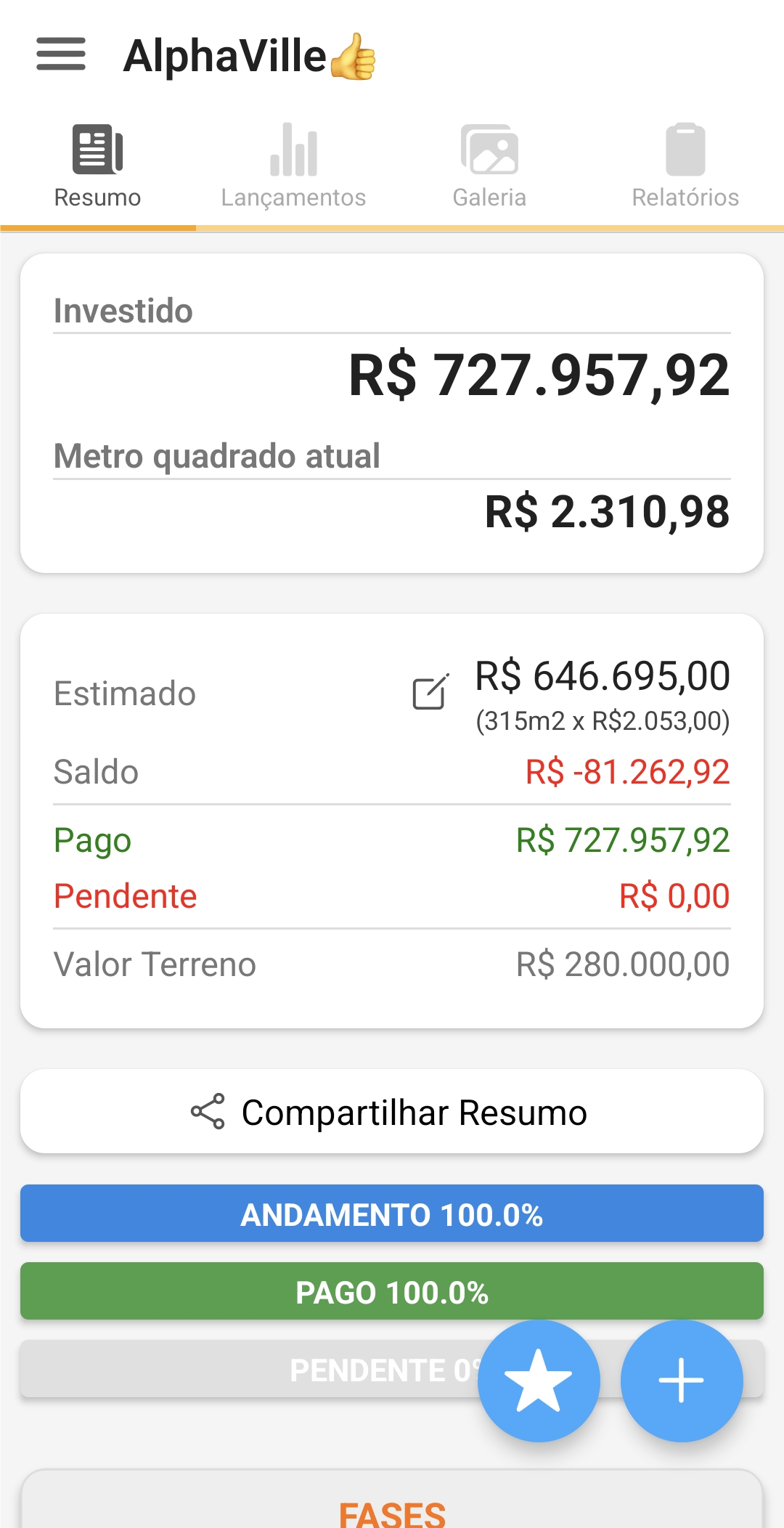 Tela interna do aplicativo Segue Obra