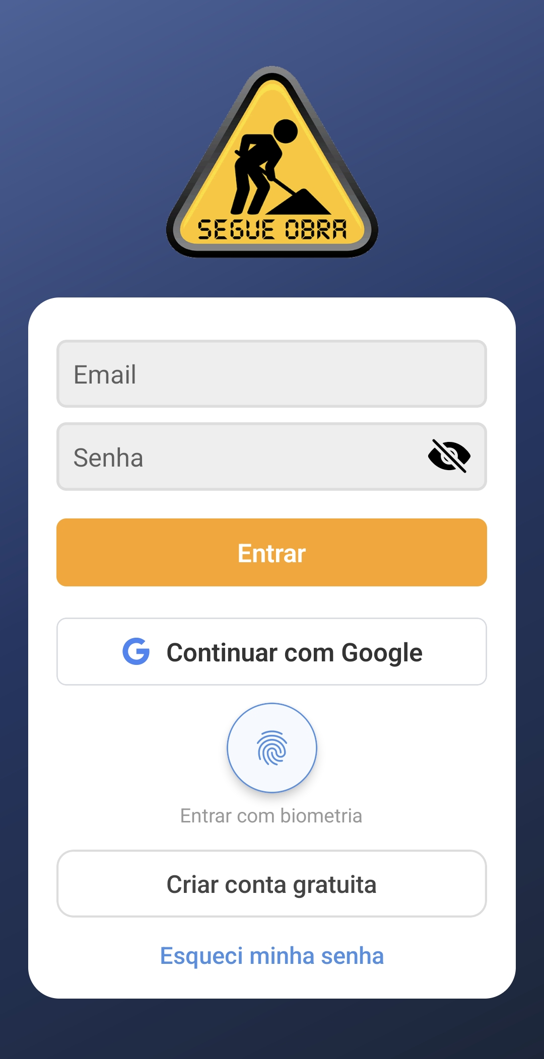 Tela inicial do aplicativo Segue Obra